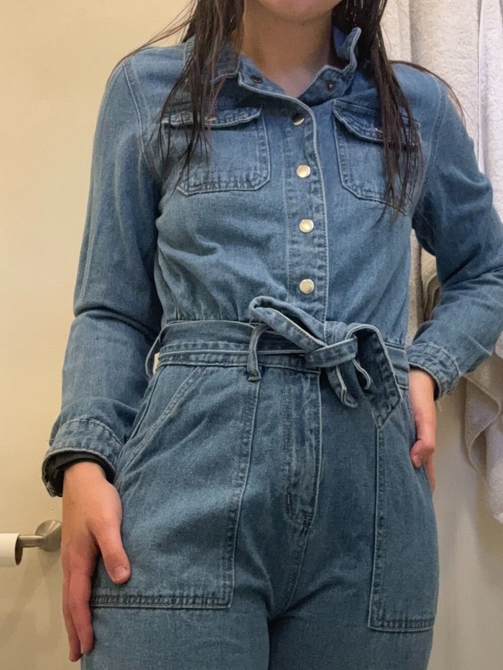 Missguided Denim Button-Front Jumpsuit Medium Wash